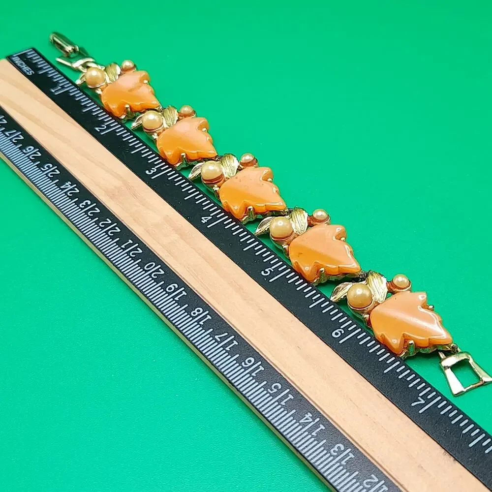 Vintage Orange Moonglow Lucite Leaf Bracelet, Gold Tone, 7 1/4 In, 1950s